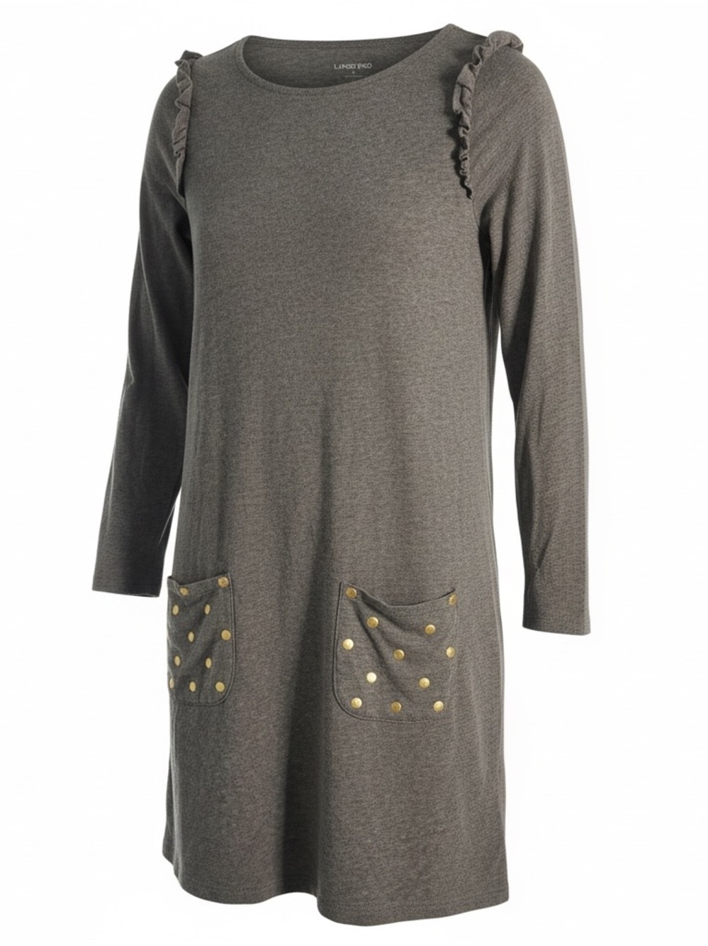 Lands End girls Gray Long-Sleeve Ruffle Pocket Dress